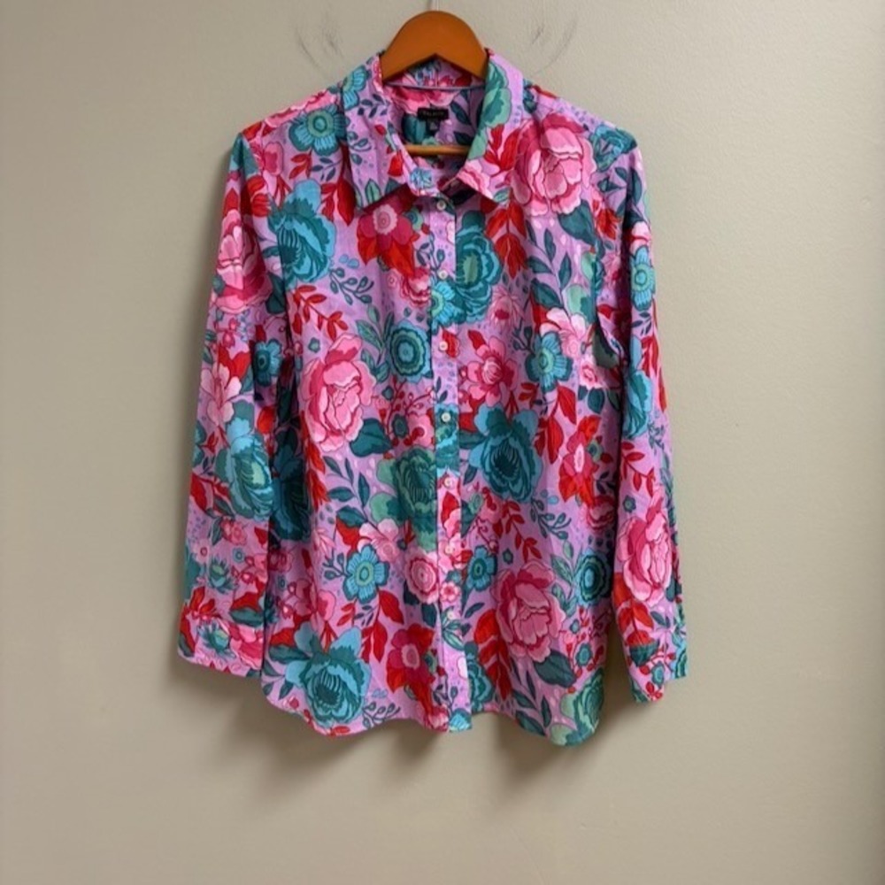 Talbots Women Floral Button Up Top Size XL Lightweight Artsy Hippie Boho Office